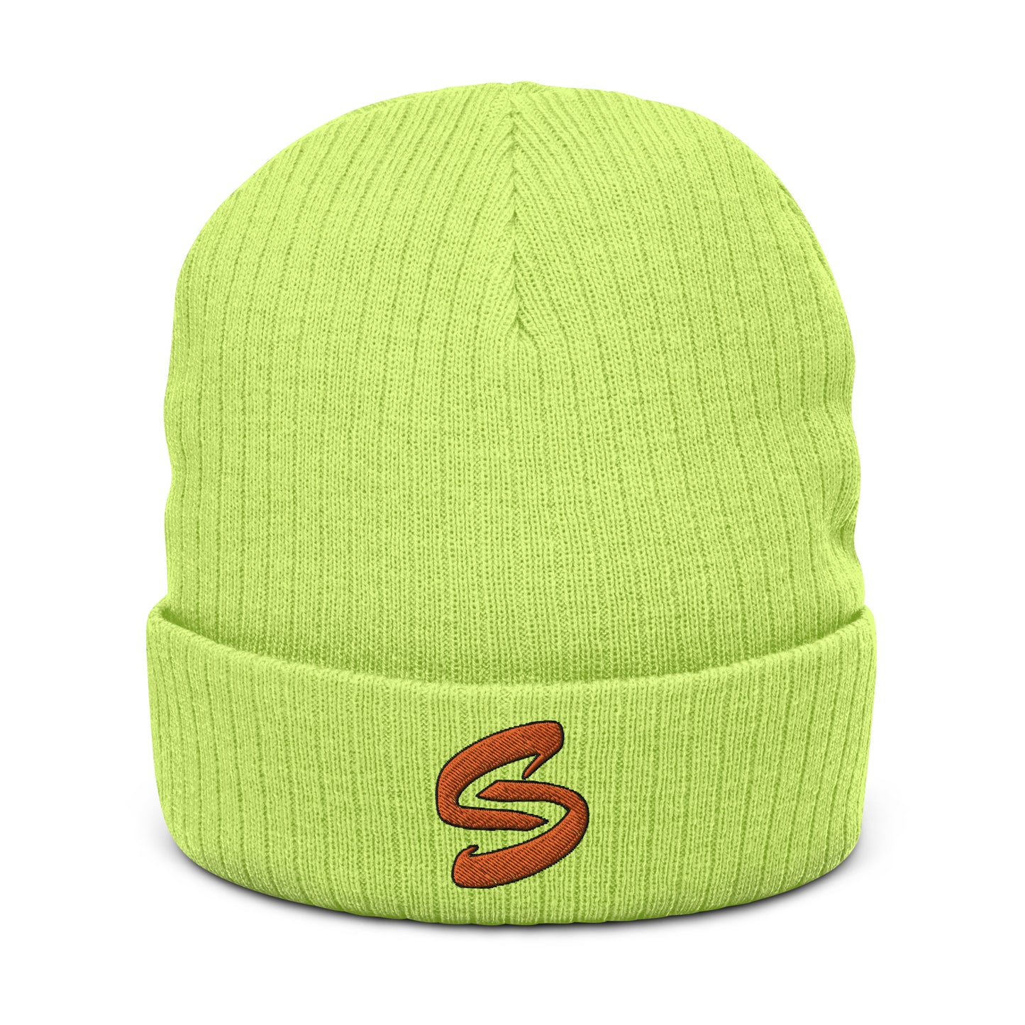 Ribbed knit beanie in recycled polyester and acrylic blend, double-layered with a cuffed design. Stylish, warm, and versatile accessory for all head sizes. Handcrafted on demand to reduce overproduction and promote sustainable choices. 8.27 inches (21 cm) in length. Beanie in High "Acid Green" a Visibility Green (Hi-Viz) with embroidered Orange Send Coalition S logo