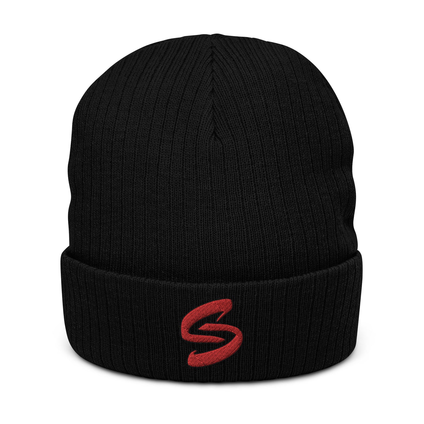 Ribbed knit beanie in recycled polyester and acrylic blend, double-layered with a cuffed design. Stylish, warm, and versatile accessory for all head sizes. Handcrafted on demand to reduce overproduction and promote sustainable choices. 8.27 inches (21 cm) in length. Beanie in Black with embroidered Red Send Coalition S logo