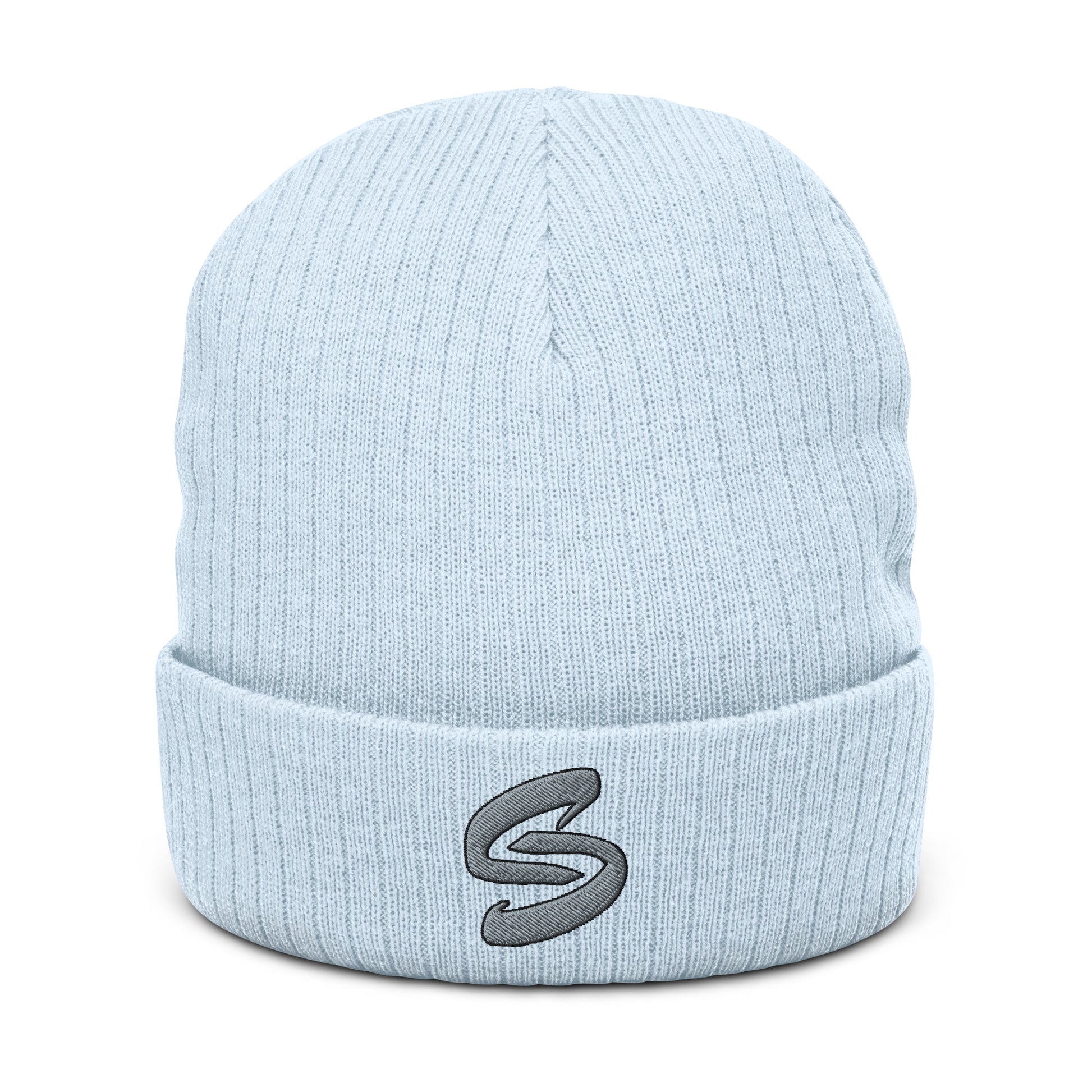 Ribbed knit beanie in recycled polyester and acrylic blend, double-layered with a cuffed design. Stylish, warm, and versatile accessory for all head sizes. Handcrafted on demand to reduce overproduction and promote sustainable choices. 8.27 inches (21 cm) in length. Beanie in Light Blue with embroidered Grey Send Coalition S logo
