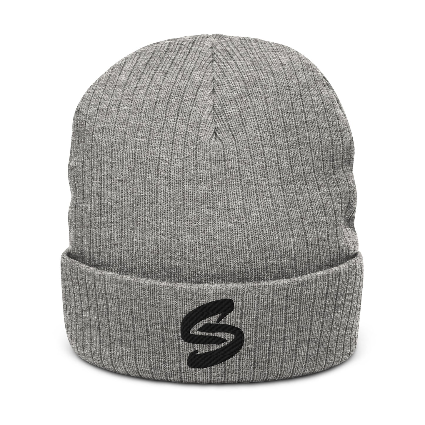 Ribbed knit beanie in recycled polyester and acrylic blend, double-layered with a cuffed design. Stylish, warm, and versatile accessory for all head sizes. Handcrafted on demand to reduce overproduction and promote sustainable choices. 8.27 inches (21 cm) in length. Beanie in Grey with embroidered Black Send Coalition S logo