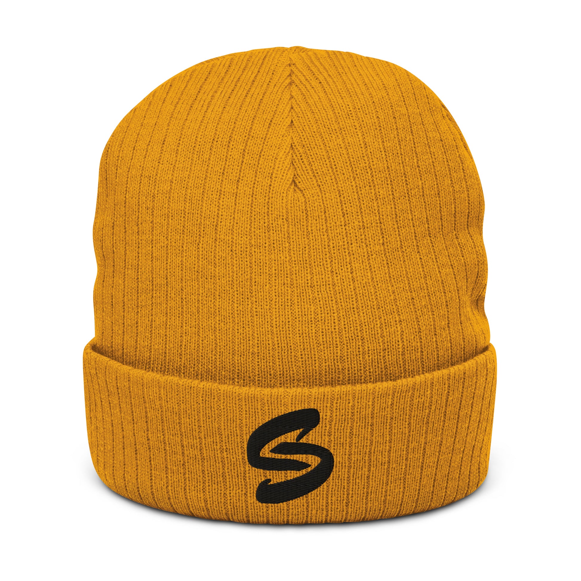 Ribbed knit beanie in recycled polyester and acrylic blend, double-layered with a cuffed design. Stylish, warm, and versatile accessory for all head sizes. Handcrafted on demand to reduce overproduction and promote sustainable choices. 8.27 inches (21 cm) in length. Beanie in "Mustard" Yellow with embroidered Black Send Coalition S logo